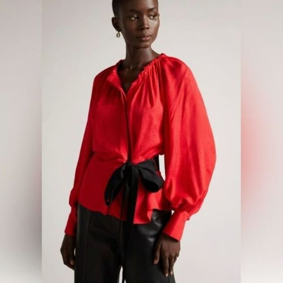 NEW Ted Baker London Womens Small Gathered Neck Tryniti Tie Front Blouse Shirt - Picture 1 of 13